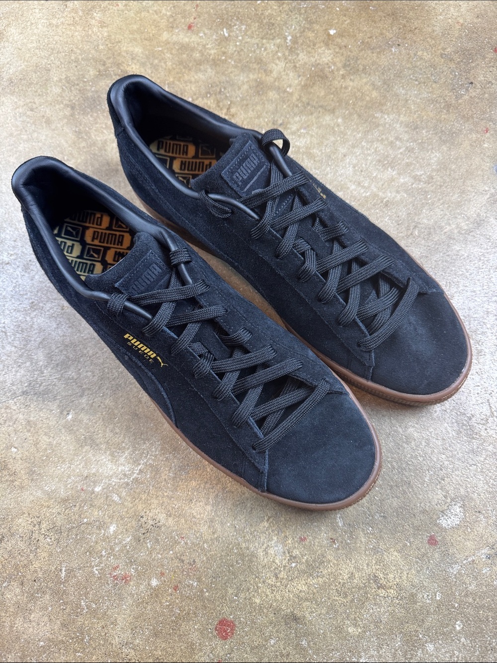 Puma Black Suede Sneakers with Gum Sole
Size: 13